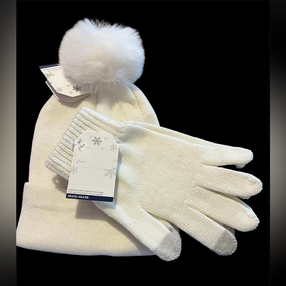 White Knit Hat and Gloves Set with Pom Pom